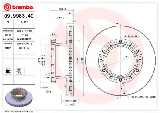 BREMBO 09.9983.40 Тормозной диск для IVECO EUROTECH MH (Ивеко Эуротэч мх) BREMBO 09.9983.40 Тормозной диск для IVECO EUROTECH MH (Ивеко Эуротэч мх)