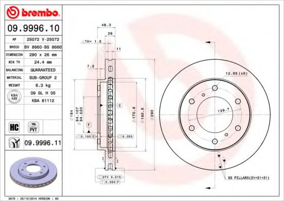 BREMBO 09.9996.10 Тормозной диск для MITSUBISHI MONTERO CLASSIC (Митсубиши/митсубиси Монтэро cлассиc) BREMBO 09.9996.10 Тормозной диск для MITSUBISHI MONTERO CLASSIC (Митсубиши/митсубиси Монтэро cлассиc)