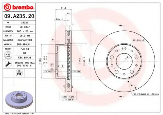 BREMBO 09.A235.20 Тормозной диск для FIAT (Фиат)