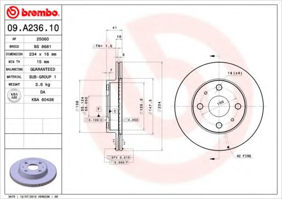 BREMBO 09.A236.10 Тормозной диск для DAIHATSU MIRA VII (Дайхатсу Мира v2) BREMBO 09.A236.10 Тормозной диск для DAIHATSU MIRA VII (Дайхатсу Мира v2)