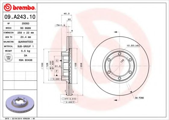BREMBO 09.A243.10 Тормозной диск для MITSUBISHI PAJERO/SHOGUN I (Митсубиши/митсубиси Пажэро/шогун и) BREMBO 09.A243.10 Тормозной диск для MITSUBISHI PAJERO/SHOGUN I (Митсубиши/митсубиси Пажэро/шогун и)