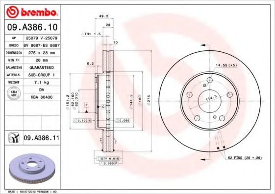 BREMBO 09.A386.11 Тормозной диск для TOYOTA SCEPTER (Тойота/тоета Сcэптэр) BREMBO 09.A386.11 Тормозной диск для TOYOTA SCEPTER (Тойота/тоета Сcэптэр)