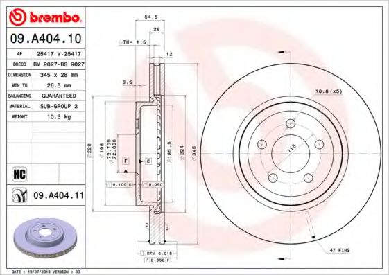 BREMBO 09.A404.10 Тормозной диск для CHRYSLER 300 C (Крайслер 300 с) BREMBO 09.A404.10 Тормозной диск для CHRYSLER 300 C (Крайслер 300 с)