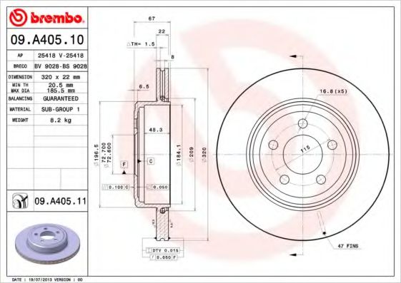 BREMBO 09.A405.10 Тормозной диск для CHRYSLER 300 C (Крайслер 300 с) BREMBO 09.A405.10 Тормозной диск для CHRYSLER 300 C (Крайслер 300 с)