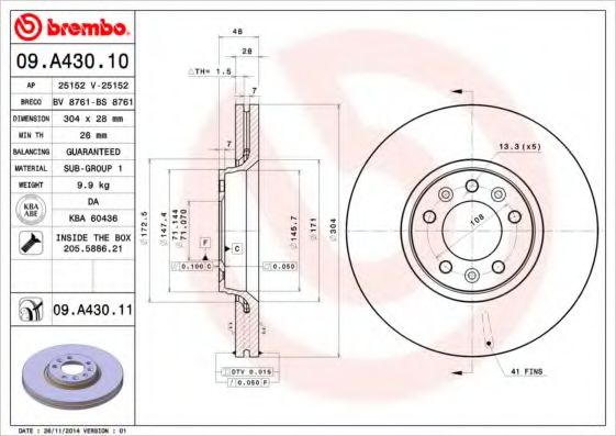 BREMBO 09.A430.11 Тормозной диск для CITROËN C5 III (CитроËн С5 3) BREMBO 09.A430.11 Тормозной диск для CITROËN C5 III (CитроËн С5 3)