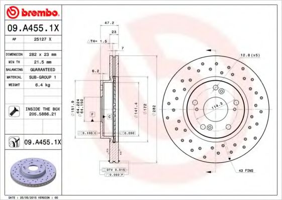 BREMBO 09.A455.1X Тормозной диск для HONDA CIVIC VIII (Хонда Цивик 8) BREMBO 09.A455.1X Тормозной диск для HONDA CIVIC VIII (Хонда Цивик 8)