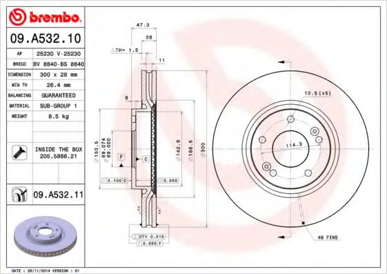 BREMBO 09.A532.10 Тормозной диск для HYUNDAI EMBERA V (Хендай Эмбэра v) BREMBO 09.A532.10 Тормозной диск для HYUNDAI EMBERA V (Хендай Эмбэра v)
