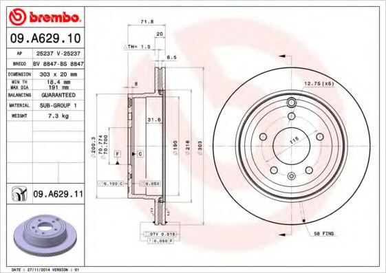 BREMBO 09.A629.10 Тормозной диск для CHEVROLET CAPTIVA (Шевроле Каптива) BREMBO 09.A629.10 Тормозной диск для CHEVROLET CAPTIVA (Шевроле Каптива)