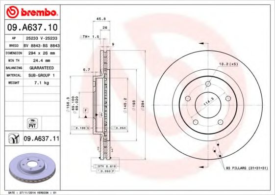 BREMBO 09.A637.10 Тормозной диск для CHRYSLER CIRRUS (Крайслер Cиррус) BREMBO 09.A637.10 Тормозной диск для CHRYSLER CIRRUS (Крайслер Cиррус)