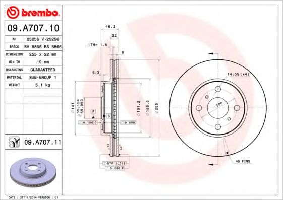 BREMBO 09.A707.10 Тормозной диск для TOYOTA VITZ (Тойота/тоета Vитз) BREMBO 09.A707.10 Тормозной диск для TOYOTA VITZ (Тойота/тоета Vитз)