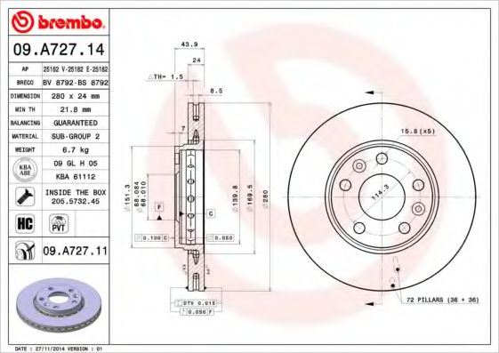 BREMBO 09.A727.11 Тормозной диск для RENAULT MEGANE III IV (Рено Меган 3 иv) BREMBO 09.A727.11 Тормозной диск для RENAULT MEGANE III IV (Рено Меган 3 иv)
