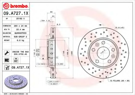 BREMBO 09.A727.1X Тормозной диск для RENAULT MEGANE III IV (Рено Меган 3 иv) BREMBO 09.A727.1X Тормозной диск для RENAULT MEGANE III IV (Рено Меган 3 иv)