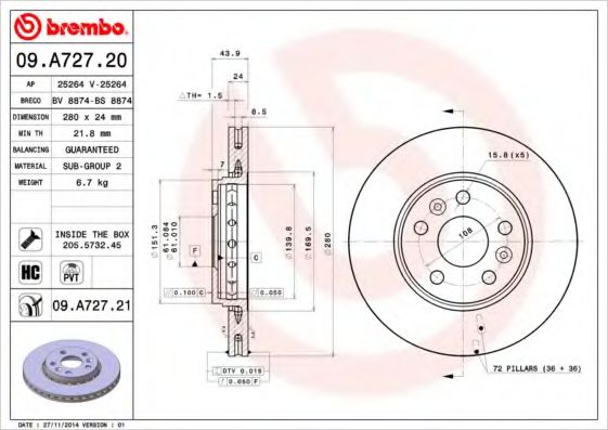 BREMBO 09.A727.20 Тормозной диск для RENAULT KANGOO (Рено Кангу) BREMBO 09.A727.20 Тормозной диск для RENAULT KANGOO (Рено Кангу)