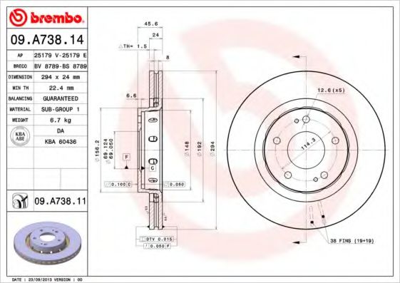 BREMBO 09.A738.14 Тормозной диск для CITROËN C-CROSSER ENTERPRISE (CитроËн C-cроссэр энтэрприсэ) BREMBO 09.A738.14 Тормозной диск для CITROËN C-CROSSER ENTERPRISE (CитроËн C-cроссэр энтэрприсэ)