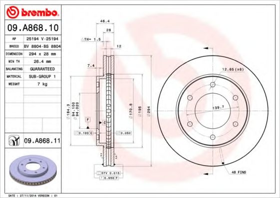 BREMBO 09.A868.10 Тормозной диск для MITSUBISHI MONTERO SPORT II (Митсубиши/митсубиси Монтэро спорт 2) BREMBO 09.A868.10 Тормозной диск для MITSUBISHI MONTERO SPORT II (Митсубиши/митсубиси Монтэро спорт 2)