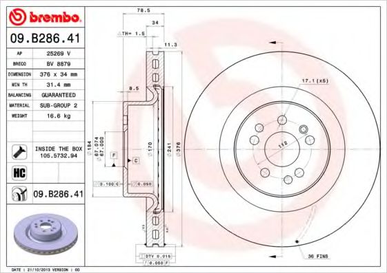 BREMBO 09.B286.41 Тормозной диск для MAYBACH (Майбах) BREMBO 09.B286.41 Тормозной диск для MAYBACH (Майбах)
