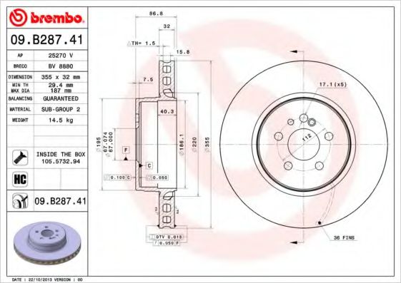 BREMBO 09.B287.41 Тормозной диск для MAYBACH (Майбах) BREMBO 09.B287.41 Тормозной диск для MAYBACH (Майбах)