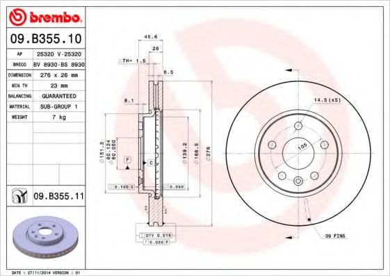 BREMBO 09.B355.10 Тормозной диск для OPEL (Опель) BREMBO 09.B355.10 Тормозной диск для OPEL (Опель)