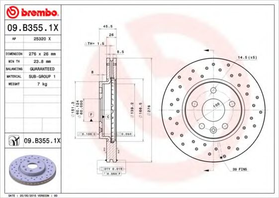 BREMBO 09.B355.1X Тормозной диск для OPEL (Опель) BREMBO 09.B355.1X Тормозной диск для OPEL (Опель)