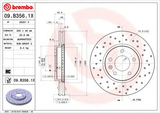 BREMBO 09.B356.1X Тормозной диск для OPEL (Опель) BREMBO 09.B356.1X Тормозной диск для OPEL (Опель)