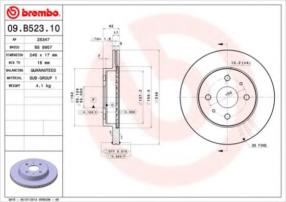 BREMBO 09.B523.10 Тормозной диск для DAIHATSU MIRA VII (Дайхатсу Мира v2) BREMBO 09.B523.10 Тормозной диск для DAIHATSU MIRA VII (Дайхатсу Мира v2)
