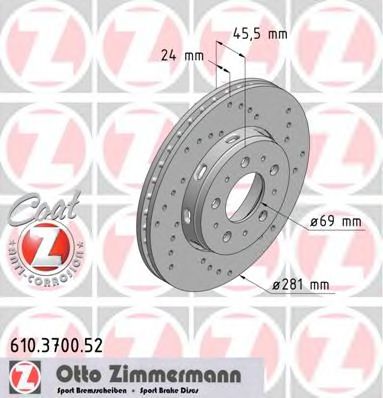 ZIMMERMANN 610.3700.52 Тормозной диск для VOLVO S40 I (Вольво С40 и) ZIMMERMANN 610.3700.52 Тормозной диск для VOLVO S40 I (Вольво С40 и)