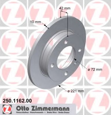 ZIMMERMANN 250.1162.00 Тормозной диск для FORD FIESTA (Форд Фиэста) ZIMMERMANN 250.1162.00 Тормозной диск для FORD FIESTA (Форд Фиэста)
