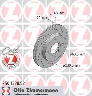 ZIMMERMANN 250.1328.52 Тормозной диск для FORD FIESTA (Форд Фиэста) ZIMMERMANN 250.1328.52 Тормозной диск для FORD FIESTA (Форд Фиэста)