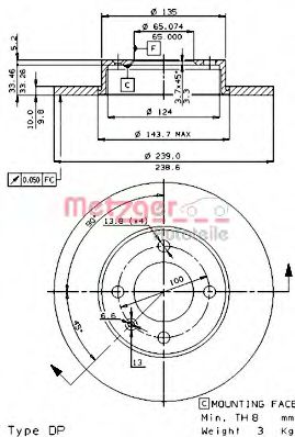 METZGER 16400 E Тормозной диск для AUDI 80 (Ауди 80) METZGER 16400 E Тормозной диск для AUDI 80 (Ауди 80)